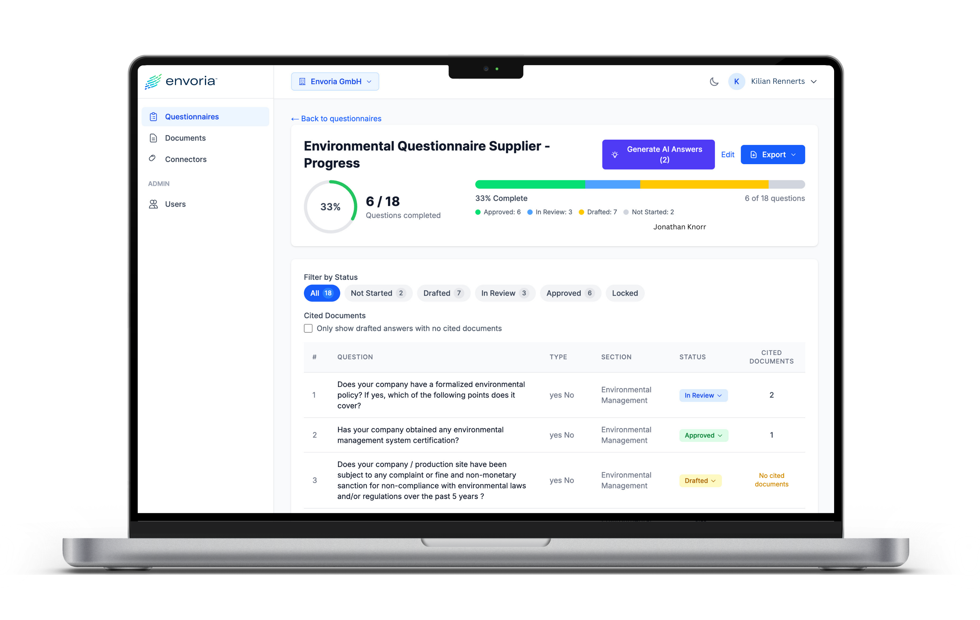 Envoria Response AI Progress View Questionnaire