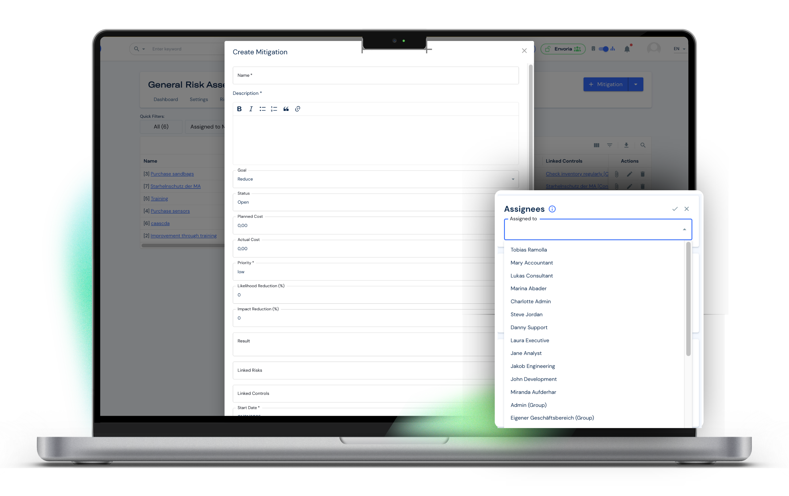 Envoria Software Risk Management Create Mitigation and Assignees