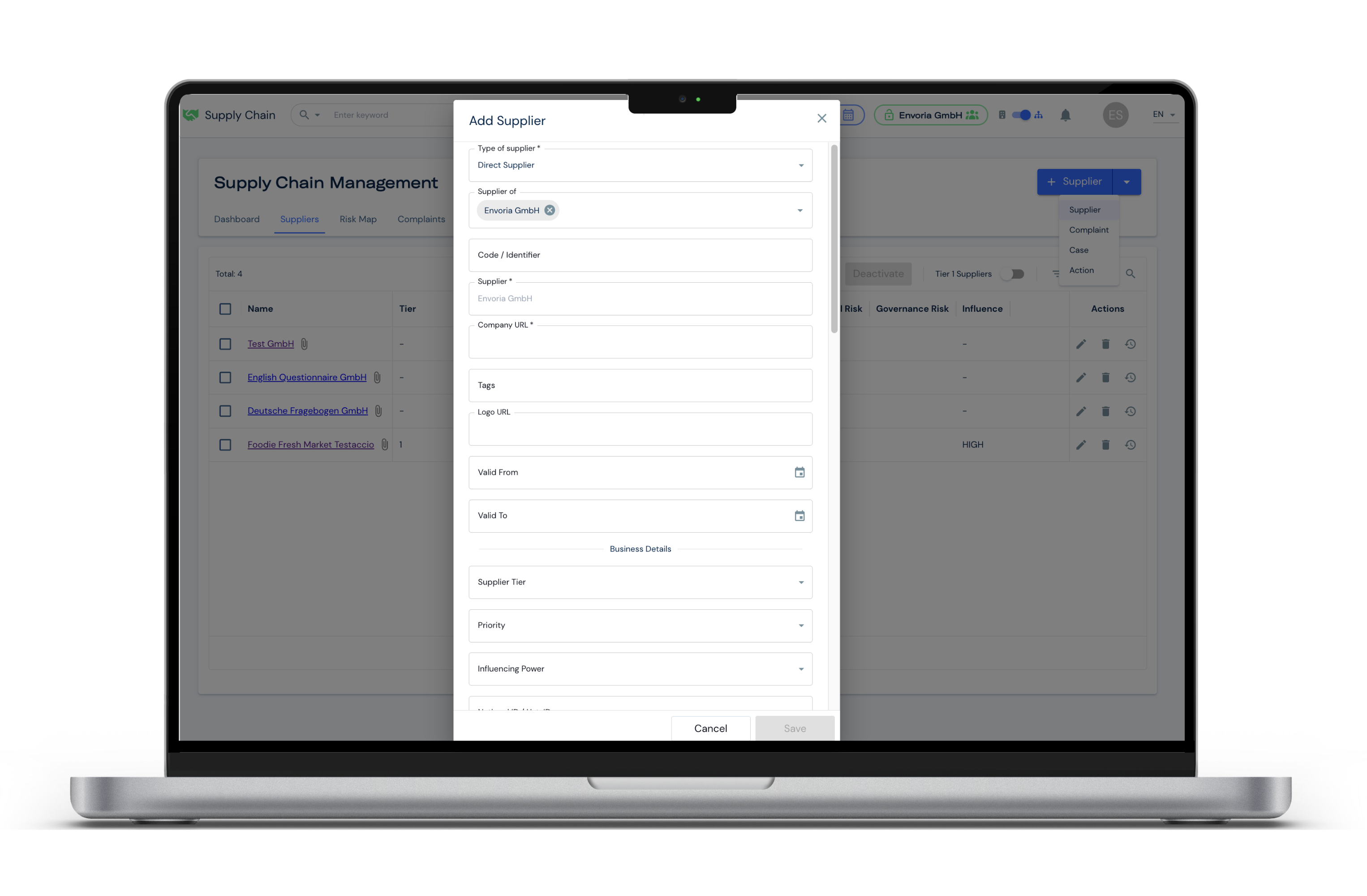 Envoria Supply Chain Management Add Supplier